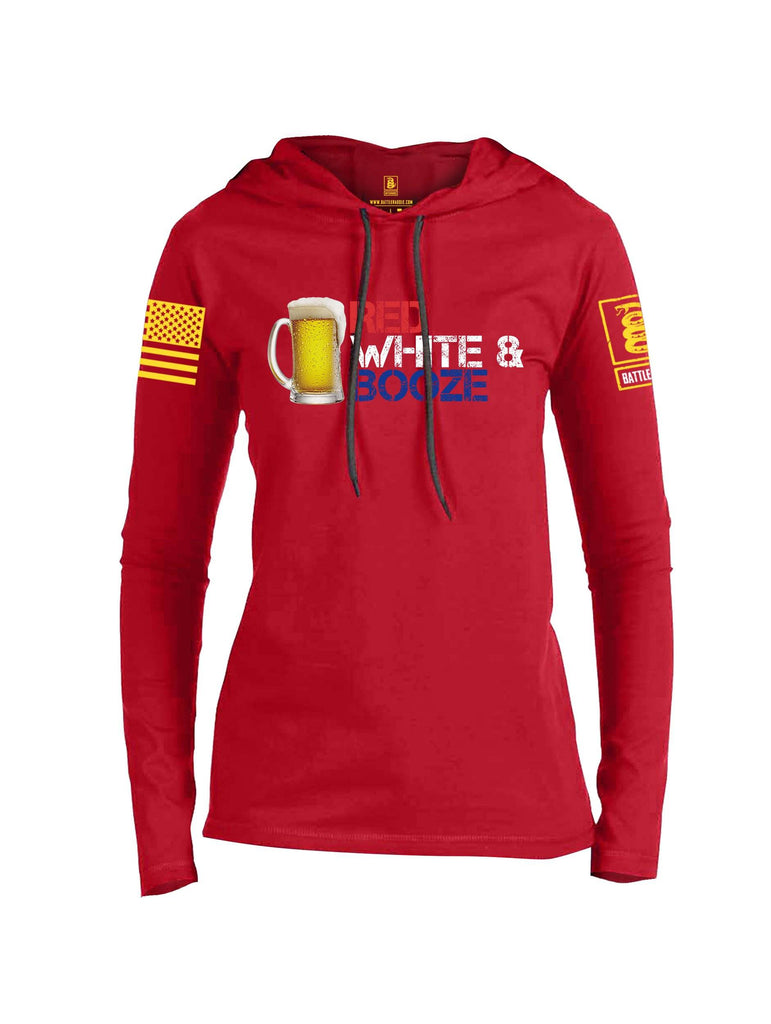 Battleraddle Red White & Booze Yellow Sleeve Print Womens Thin Cotton Lightweight Hoodie shirt|custom|veterans|Apparel-Womens Hoodie-Cotton