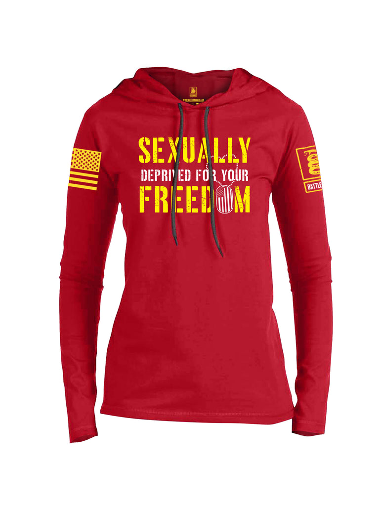 Battleraddle Sexually Deprived For Your Freedom Yellow Sleeve Print Womens Thin Cotton Lightweight Hoodie