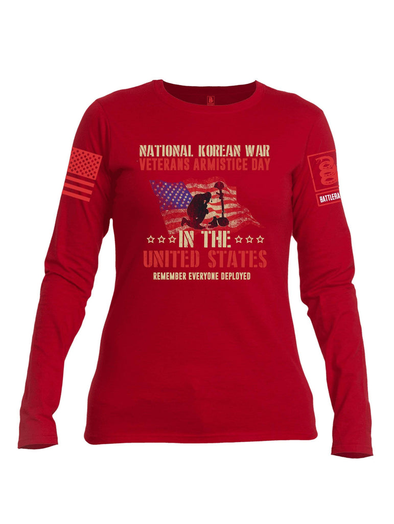 Battleraddle National Korean War Veterans Armistice Day In The United States Remember Everyone Deployed Red Sleeve Print Womens Cotton Long Sleeve Crew Neck T Shirt shirt|custom|veterans|Women-Long Sleeves Crewneck Shirt
