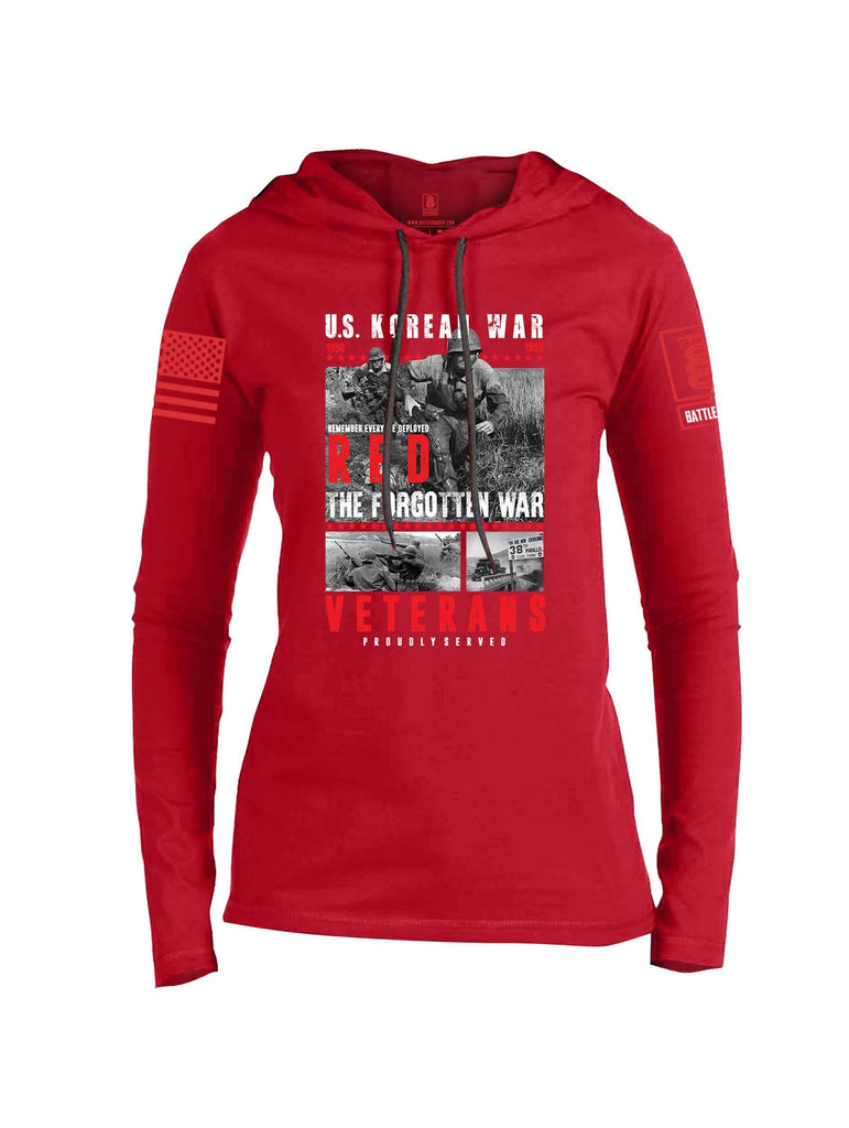 Battleraddle US Korean War RED Remember Everyone Deployed The Forgotten War Veterans Proudly Served Red Sleeve Print Womens Thin Cotton Lightweight Hoodie shirt|custom|veterans|Apparel-Womens Hoodie-Cotton