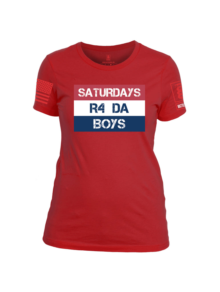 Battleraddle Saturdays R4 Da Boys Red Sleeve Print Womens 100% Battlefit Polyester Crew Neck T Shirt