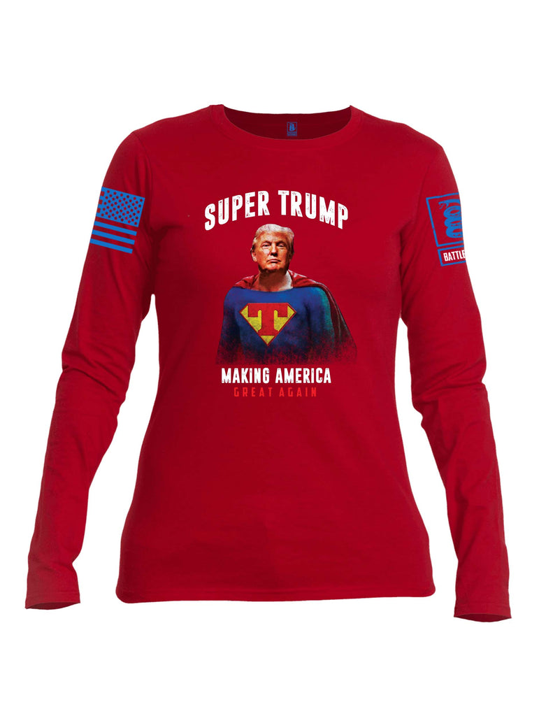 Battleraddle Super Trump Making America Great Again Blue Sleeve Print Womens Cotton Long Sleeve Crew Neck T Shirt