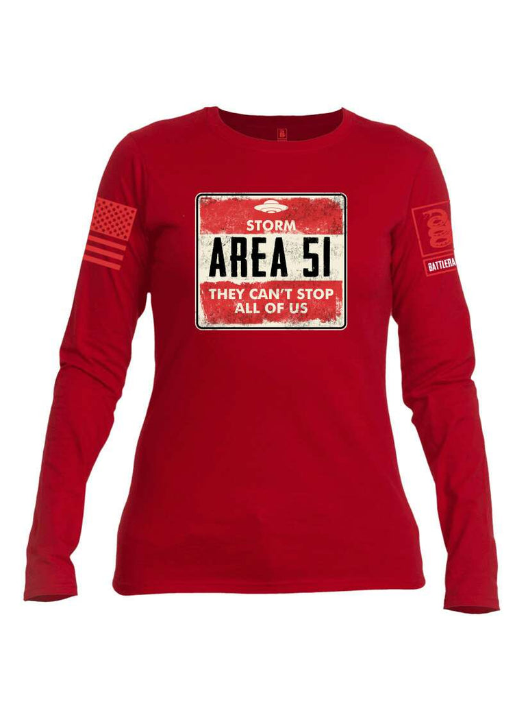 Battleraddle Storm Area 51 They Can't Stop All Of Us Red Sleeve Print Womens Cotton Long Sleeve Crew Neck T Shirt