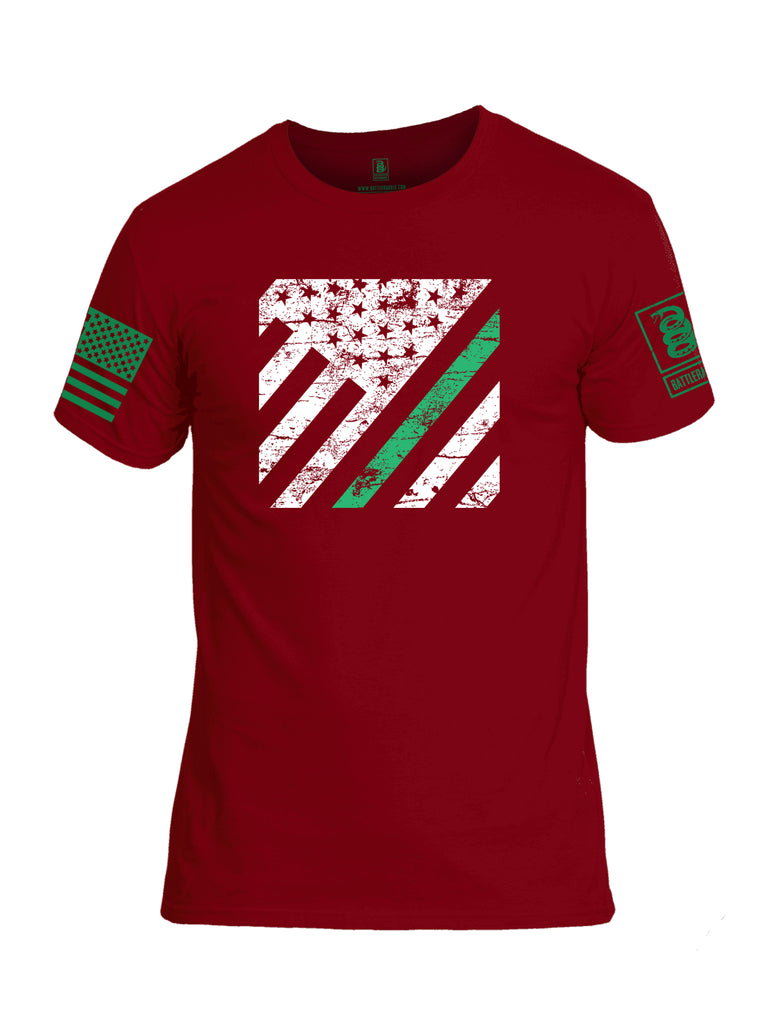 Battleraddle Vertical USA Flag Green Line Green Sleeve Print Mens Cotton Crew Neck T Shirt
