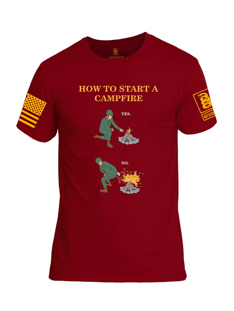 Battleraddle How To Start A Camp Fire Yes No Orange Sleeve Print Mens Cotton Crew Neck T Shirt