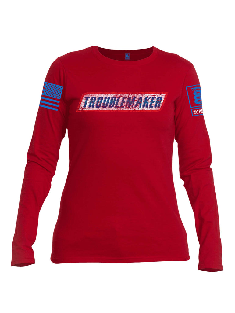 Battleraddle Troublemaker Blue Sleeve Print Womens Cotton Long Sleeve Crew Neck T Shirt