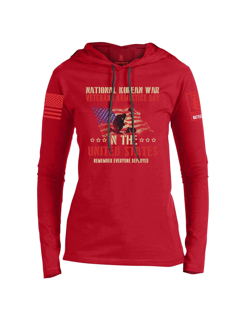 Battleraddle National Korean War Veterans Armistice Day In The United States Remember Everyone Deployed Red Sleeve Print Womens Thin Cotton Lightweight Hoodie shirt|custom|veterans|Apparel-Womens Hoodie-Cotton