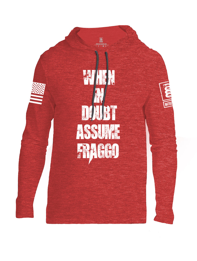 Battleraddle When In Doubt Assume Fraggo White Sleeve Print Mens Thin Cotton Lightweight Hoodie