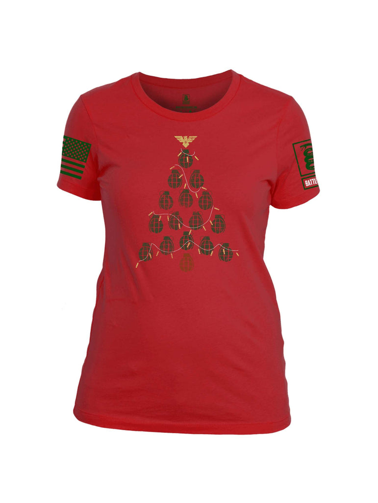 Battleraddle Christmas Greenery Grenade Tree Bomb Green Sleeve Print Womens Cotton Crew Neck T Shirt