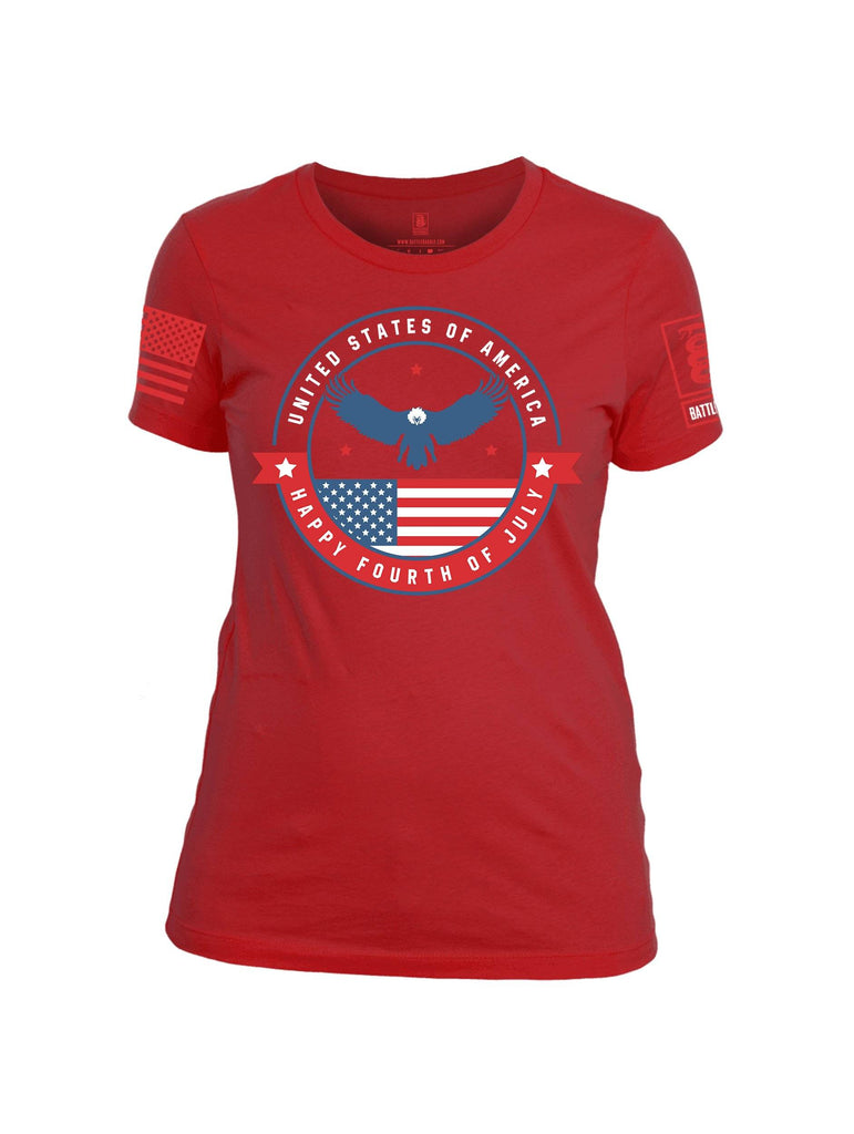 Battleraddle USA Happy Fourth of July Red Sleeve Print Womens 100% Battlefit Polyester Crew Neck T Shirt shirt|custom|veterans|Apparel-Womens Shirts-Polyester