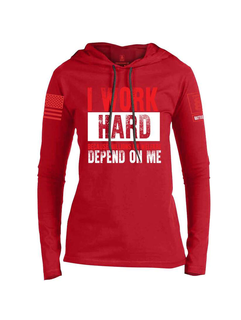 Battleraddle I Work Hard Because Millions On Welfare Depend On Me Red Sleeve Print Womens Thin Cotton Lightweight Hoodie