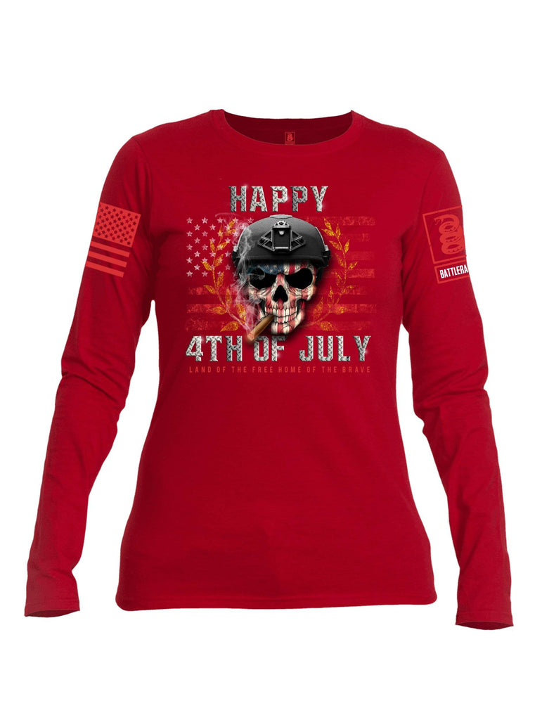 Battleraddle Happy 4th of July Land Of The Free Home Of The Brave Red Sleeve Print Womens Cotton Long Sleeve Crew Neck T Shirt shirt|custom|veterans|Women-Long Sleeves Crewneck Shirt