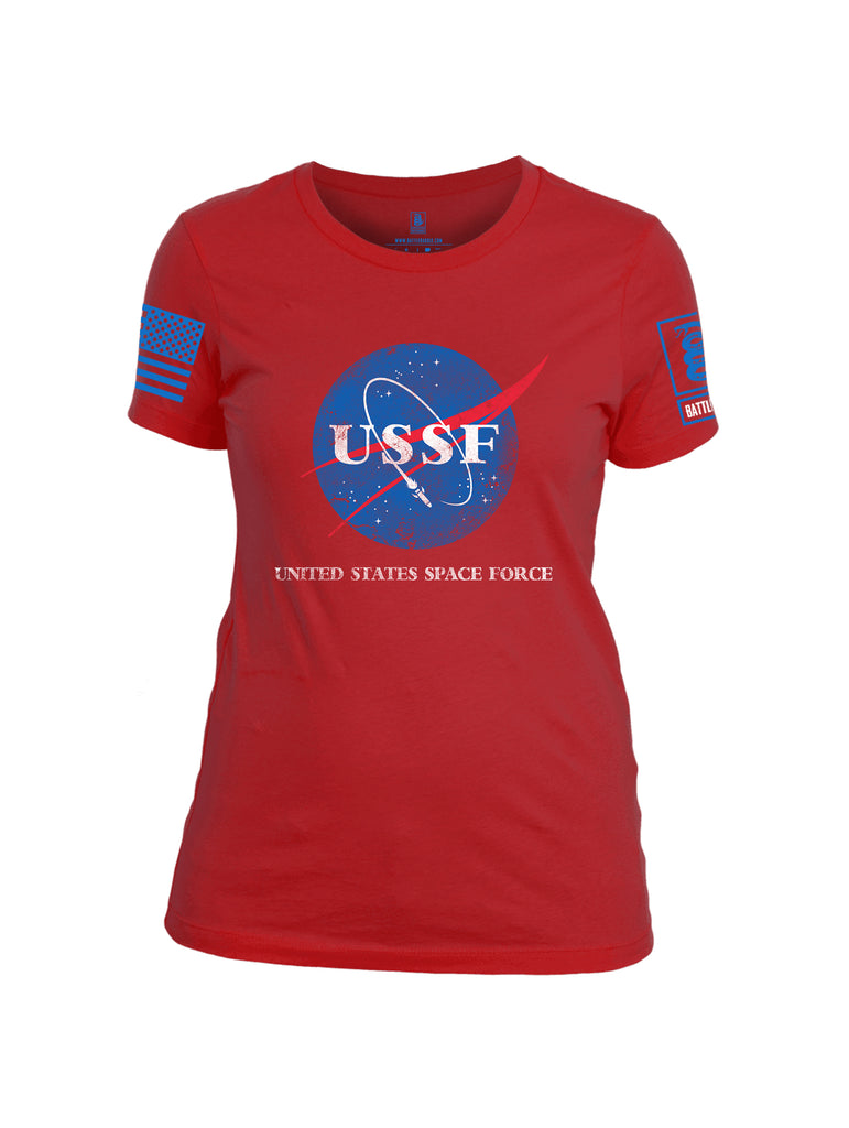 Battleraddle United States Space Force Blue Sleeve Print Womens 100% Battlefit Polyester Crew Neck T Shirt