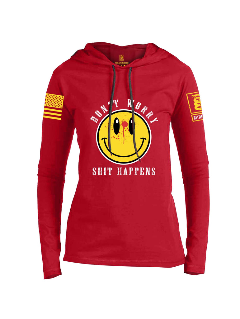 Battleraddle Dont Worry Shit Happens Yellow Sleeve Print Womens Thin Cotton Lightweight Hoodie