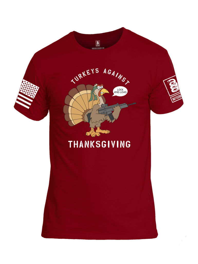 Battleraddle Turkeys Against Thanksgiving Lock And Load White Sleeve Print Mens Cotton Crew Neck T Shirt