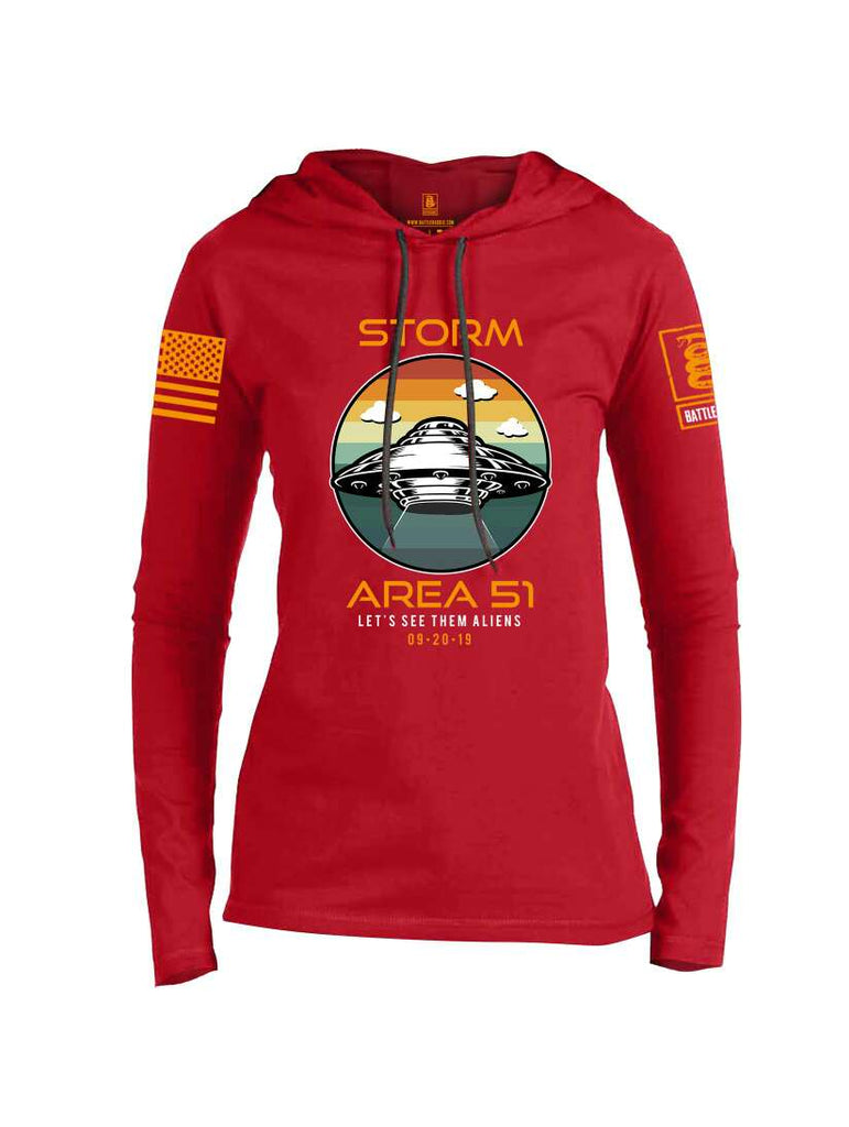 Battleraddle Storm Area 51 Let's See Them Aliens Orange Sleeve Print Womens Thin Cotton Lightweight Hoodie