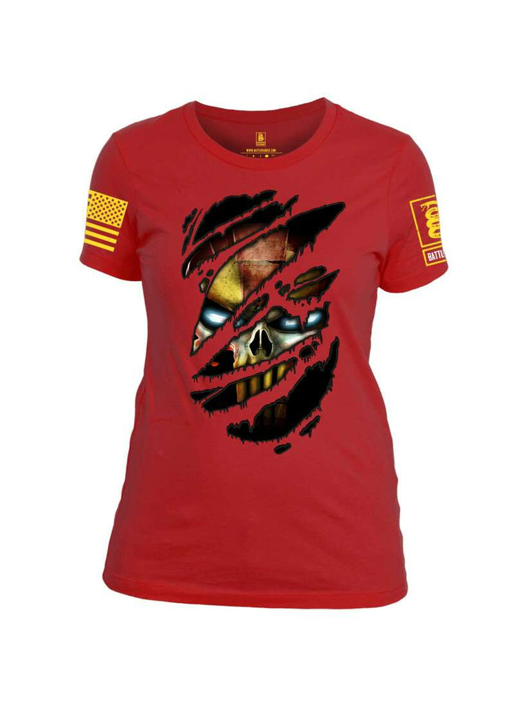 Battleraddle Mr Expounder Iron Skull Ripped Yellow Sleeve Print Womens 100% Battlefit Polyester Crew Neck T Shirt