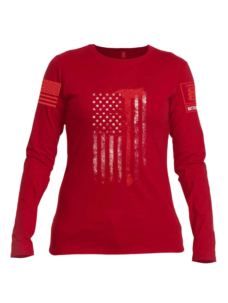 Battleraddle Firefighter Axe USA Flag Red Sleeve Print Womens Cotton Long Sleeve Crew Neck T Shirt shirt|custom|veterans|Women-Long Sleeves Crewneck Shirt
