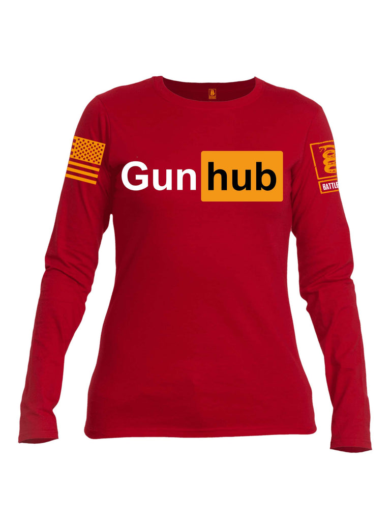 Battleraddle Gun Hub Orange Sleeve Print Womens Cotton Long Sleeve Crew Neck T Shirt
