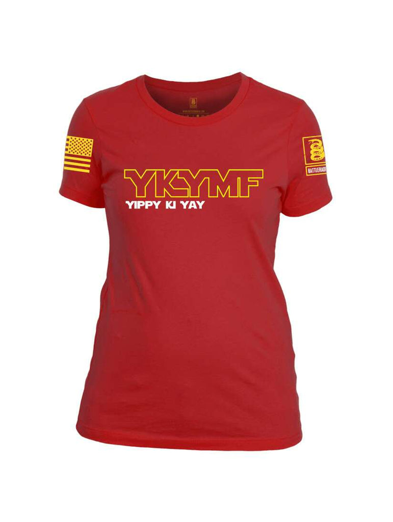 Battleraddle YKYMF Yippy Ki Yay Yellow Sleeve Print Womens Cotton Crew Neck T Shirt