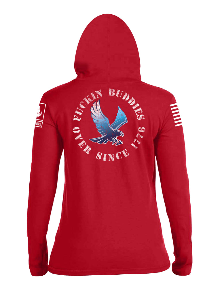 Battleraddle Blue Falcon Fuckin Buddies Over Since 1776 White Sleeve Print Womens Thin Cotton Lightweight Hoodie