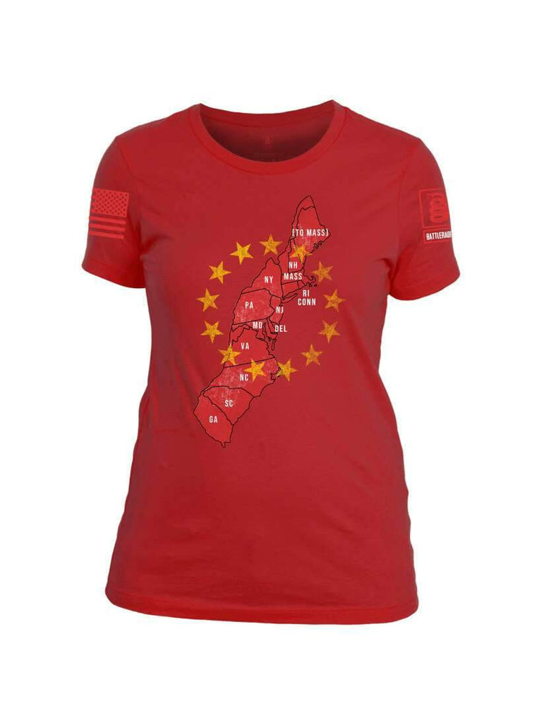 Battleraddle Thirteen Colonies Map Red Sleeve Print Womens Cotton Crew Neck T Shirt shirt|custom|veterans|Apparel-Womens T Shirt-cotton