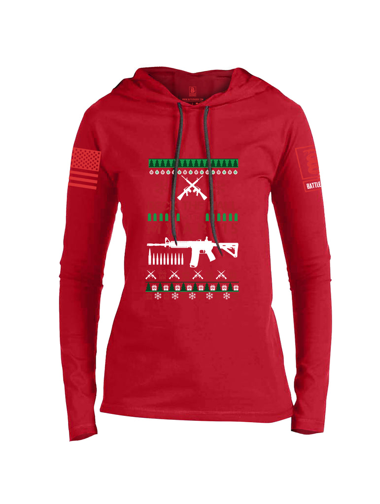 Battleraddle Deck The Hall With My AR15 Christmas Holiday Ugly Red Sleeve Print Womens Thin Cotton Lightweight Hoodie