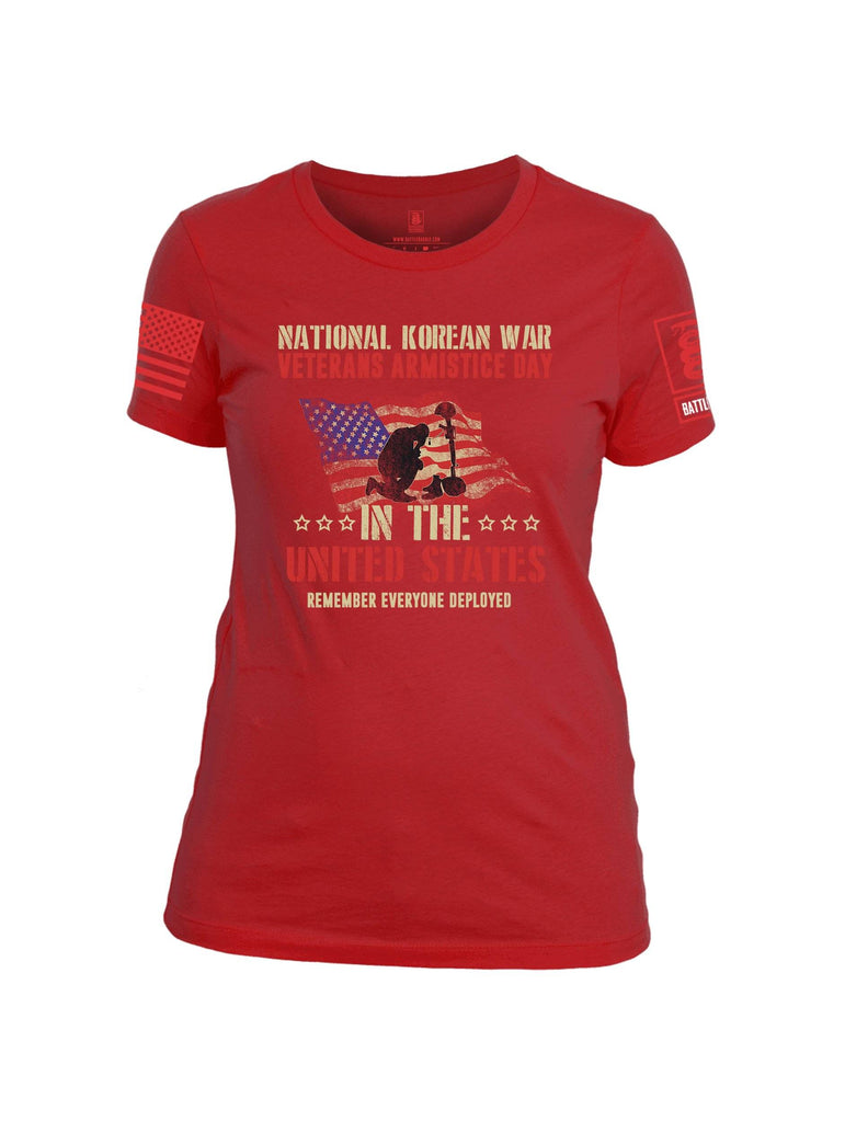 Battleraddle National Korean War Veterans Armistice Day In The United States Remember Everyone Deployed Red Sleeve Print Womens Cotton Crew Neck T Shirt shirt|custom|veterans|Apparel-Womens T Shirt-cotton