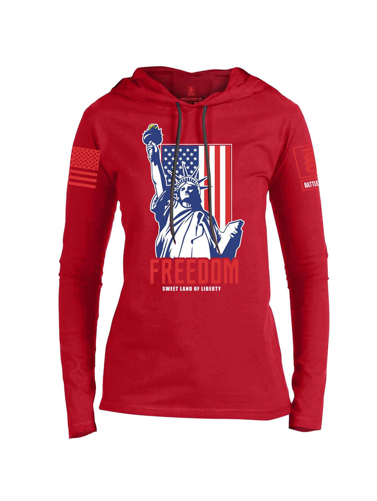 Battleraddle Freedom Sweet Land Of Liberty Red Sleeve Print Womens Thin Cotton Lightweight Hoodie shirt|custom|veterans|Apparel-Womens Hoodie-Cotton