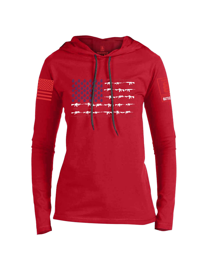 Battleraddle Rifle Gun Flag Red Sleeve Print Womens Thin Cotton Lightweight Hoodie