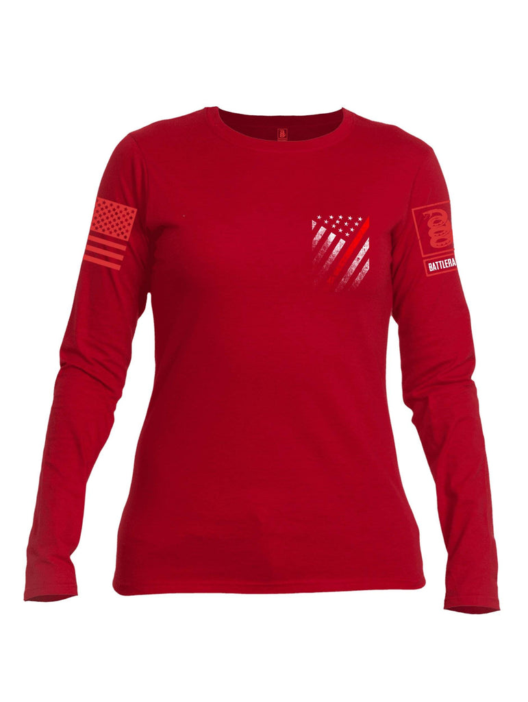 Battleraddle USA Red Thin Line Series Flag Red Sleeve Print Womens Cotton Long Sleeve Crew Neck T Shirt shirt|custom|veterans|Women-Long Sleeves Crewneck Shirt