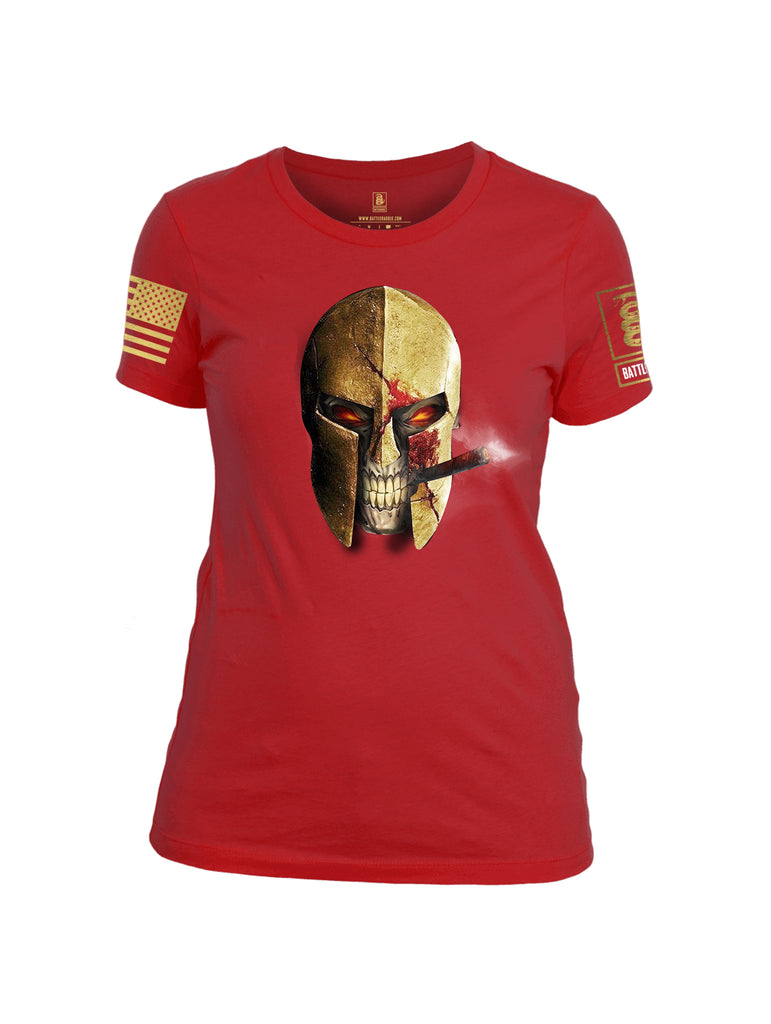 Battleraddle Smoking Spartan Brass Skull Brass Sleeve Print Womens 100% Battlefit Polyester Crew Neck T Shirt