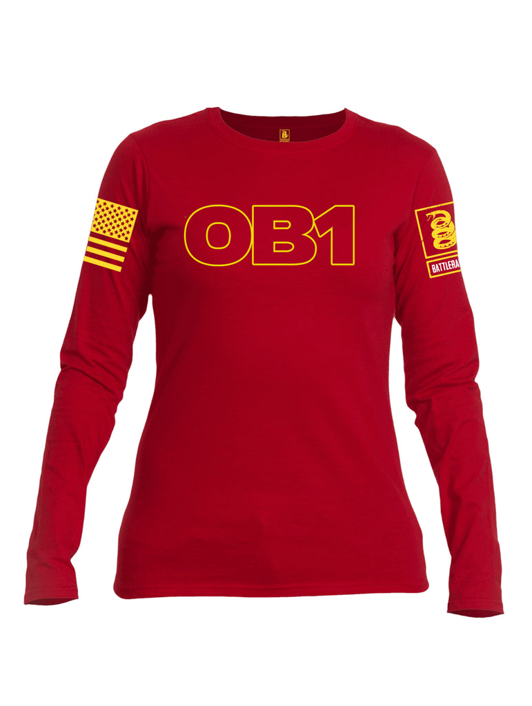 Battleraddle  OB1 Yellow Sleeve Print Womens Cotton Long Sleeve Crew Neck T Shirt