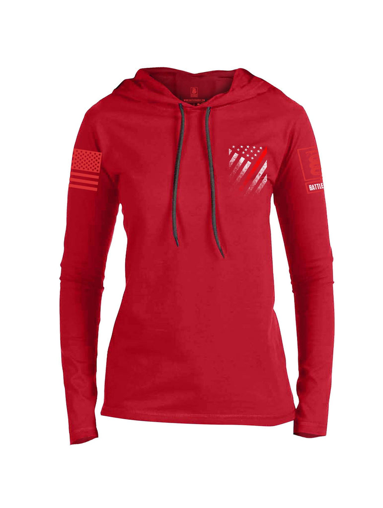 Battleraddle USA Red Thin Line Series Flag Red Sleeve Print Womens Thin Cotton Lightweight Hoodie shirt|custom|veterans|Apparel-Womens Hoodie-Cotton