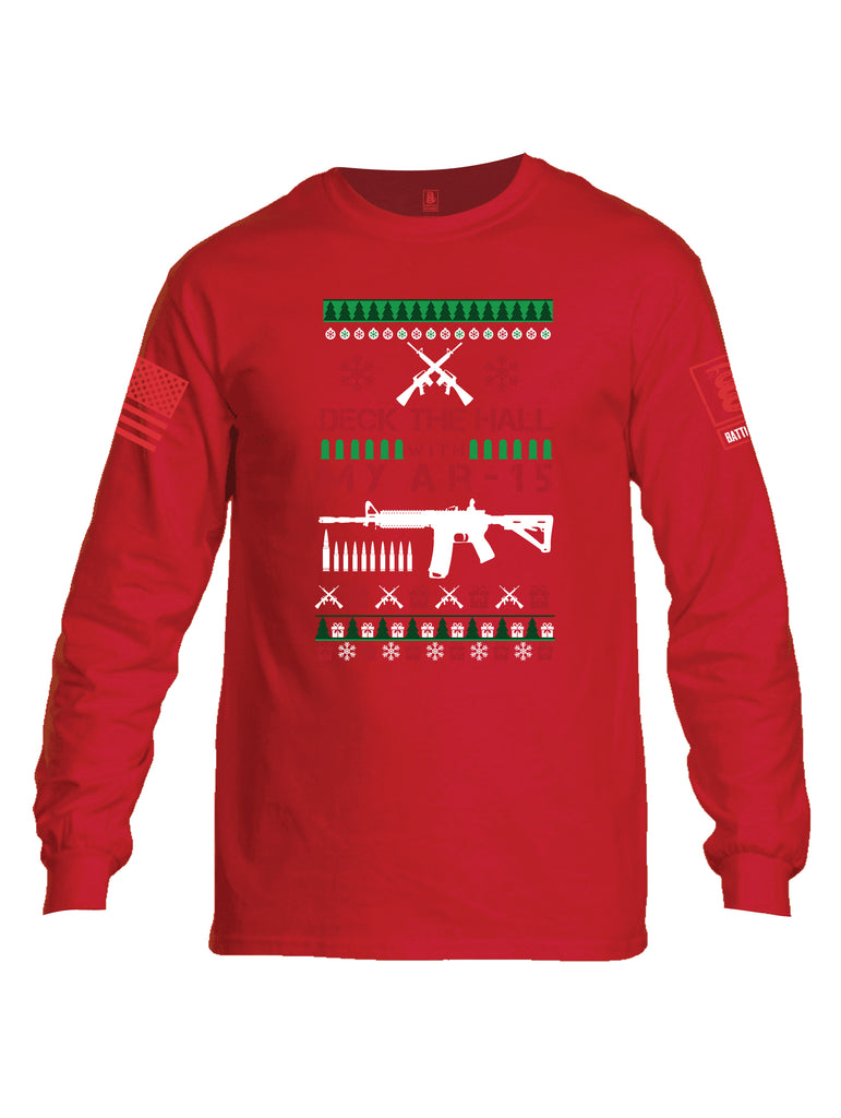 Battleraddle Deck The Hall With My AR15 Christmas Holiday Ugly Red Sleeve Print Mens Cotton Long Sleeve Crew Neck T Shirt