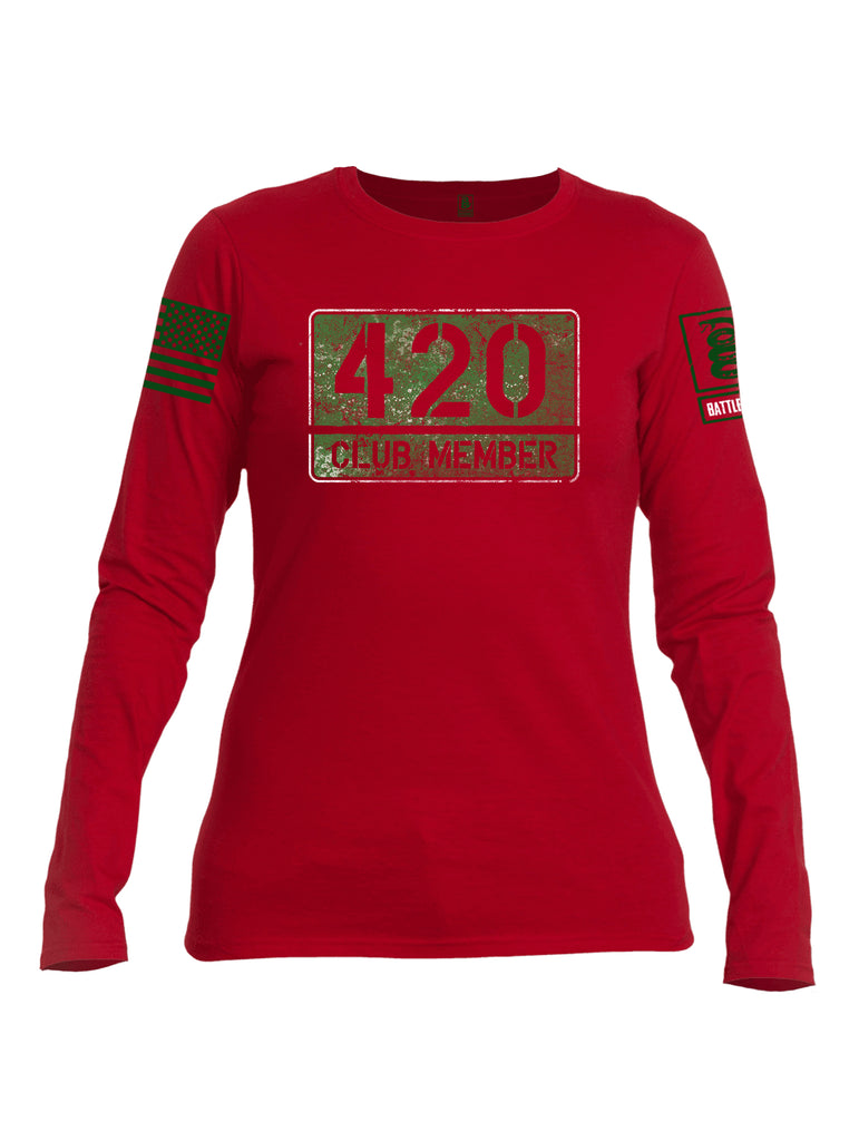 Battleraddle 420 Club Member Green Sleeve Print Womens Cotton Long Sleeve Crew Neck T Shirt