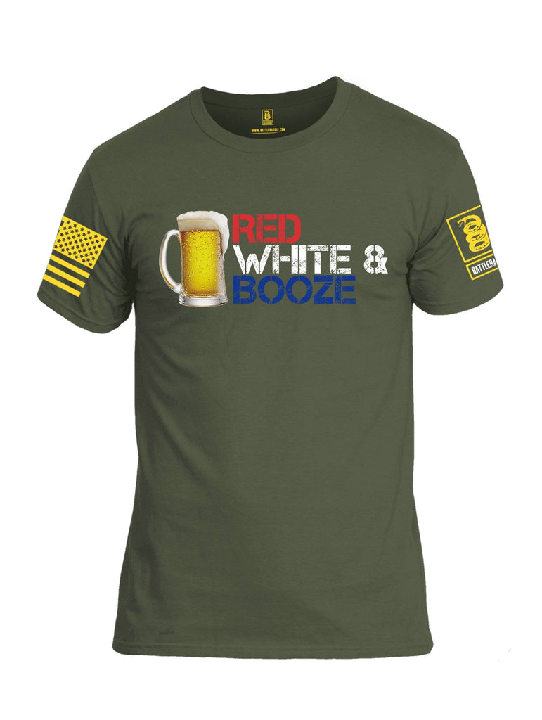Battleraddle Red White & Booze Yellow Sleeve Print Mens Cotton Crew Neck T Shirt shirt|custom|veterans|Apparel-Mens T Shirt-cotton