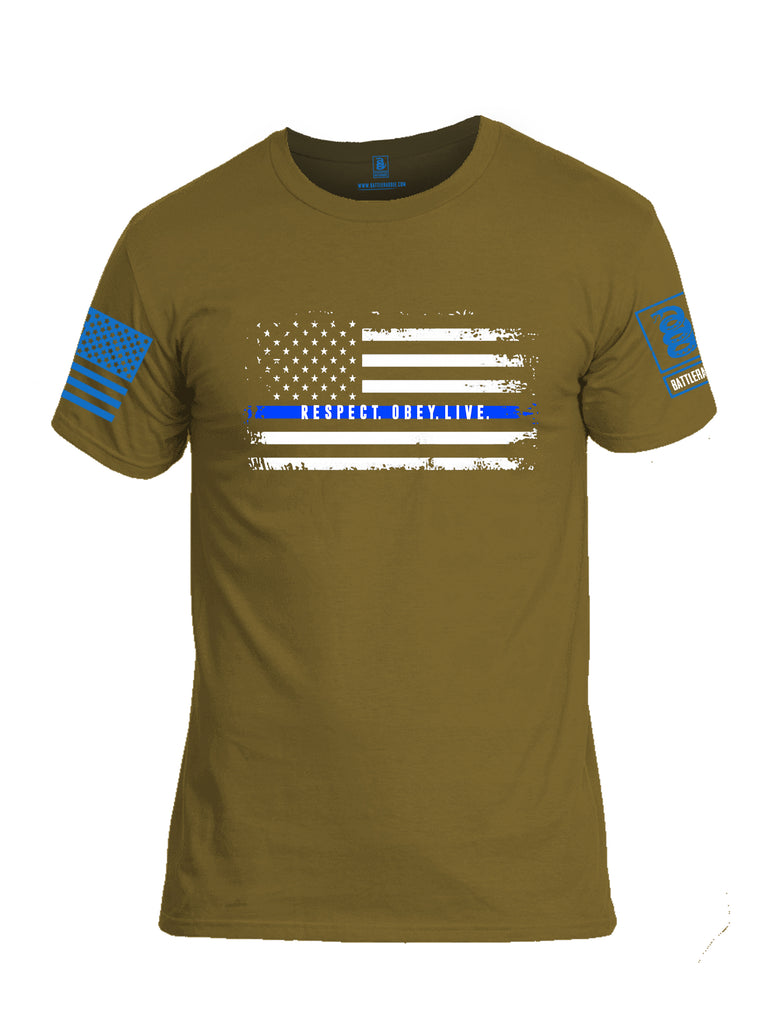 Battleraddle Respect Obey Live Blue Sleeve Print Mens Cotton Crew Neck T Shirt