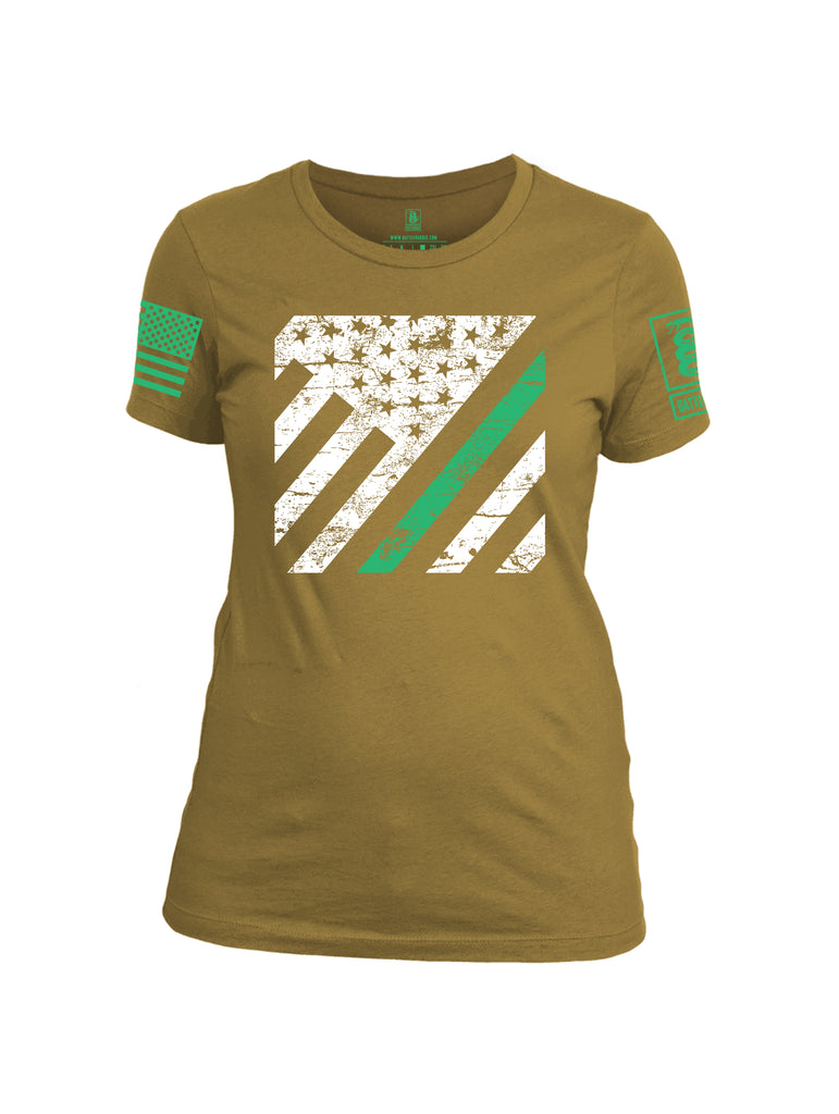 Battleraddle Vertical USA Flag Green Line Green Sleeve Print Womens Cotton Crew Neck T Shirt