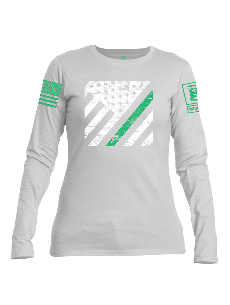 Battleraddle Vertical USA Flag Green Line Green Sleeve Print Womens Cotton Long Sleeve Crew Neck T Shirt