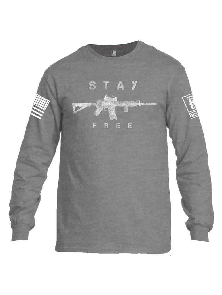 Battleraddle Stay Free White Sleeve Print Mens Cotton Long Sleeve Crew Neck T Shirt