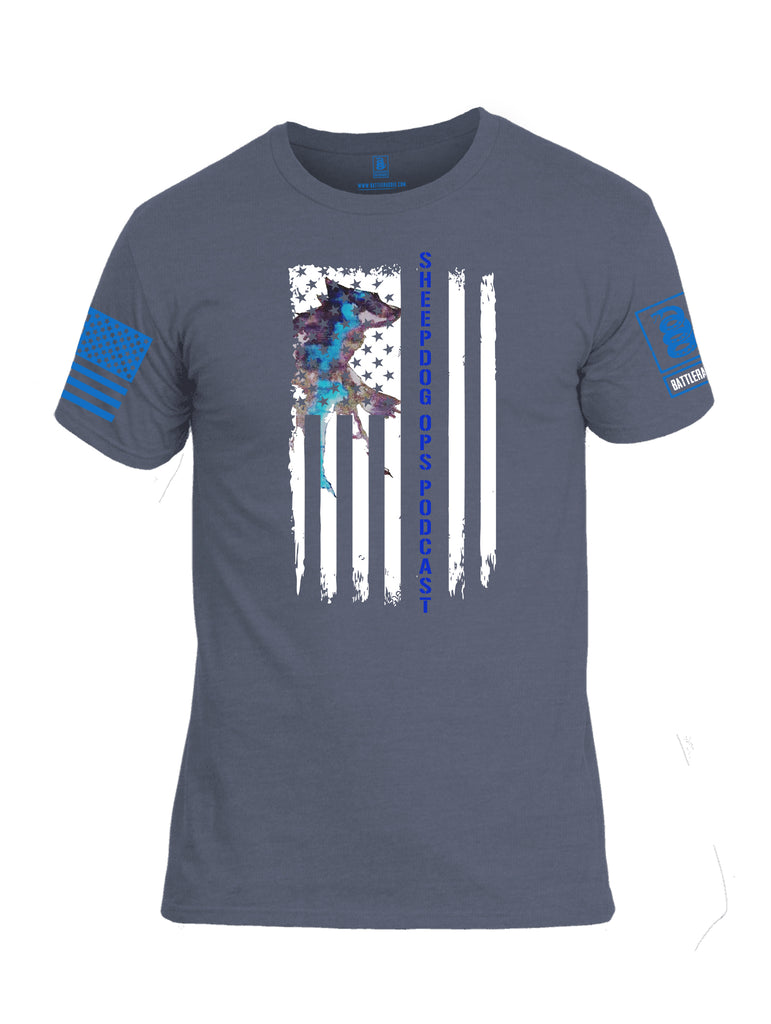 Battleraddle Sheepdog Ops Podcast Vertical Flag Blue Sleeve Print Mens Cotton Crew Neck T Shirt