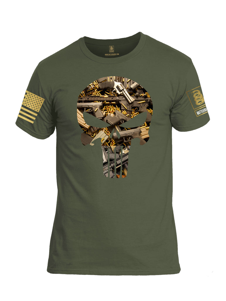 Battleraddle Skull And Guns Punisher Brass Sleeve Print Mens Cotton Crew Neck T Shirt