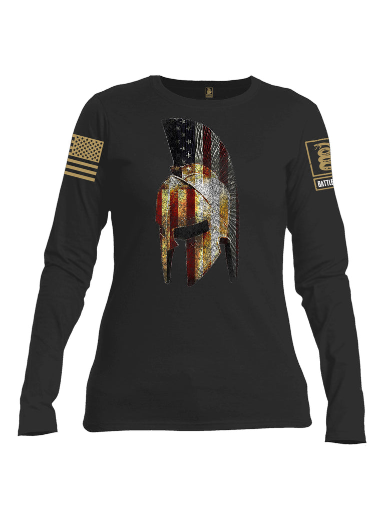 Battleraddle Spartan USA Flag Brass Sleeve Print Womens Cotton Long Sleeve Crew Neck T Shirt