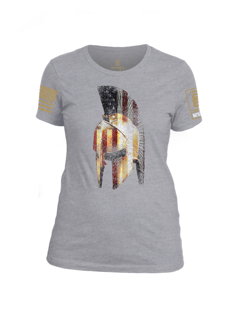Battleraddle Spartan USA Flag Brass Sleeve Print Womens Cotton Crew Neck T Shirt