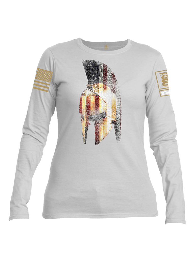 Battleraddle Spartan USA Flag Brass Sleeve Print Womens Cotton Long Sleeve Crew Neck T Shirt