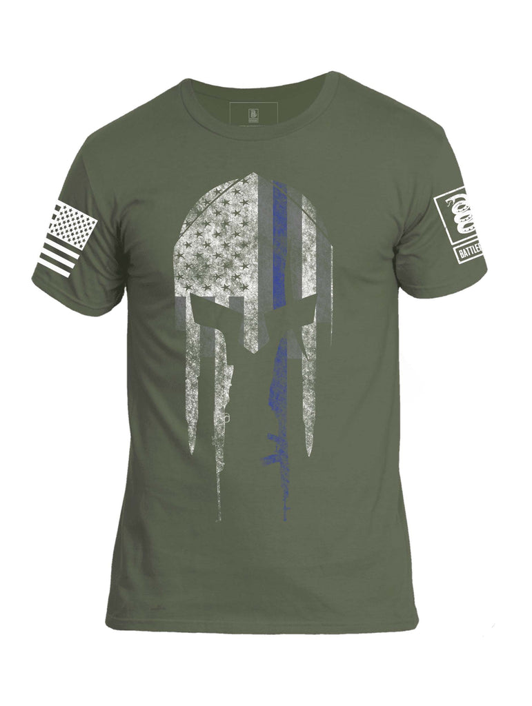 Battleraddle Spartan Helmet Warriors Bleed Blue White Sleeve Print Mens Cotton Crew Neck T Shirt