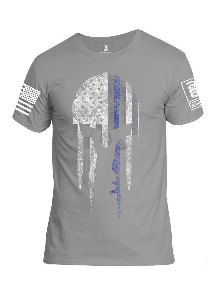 Battleraddle Spartan Helmet Warriors Bleed Blue White Sleeve Print Mens Cotton Crew Neck T Shirt