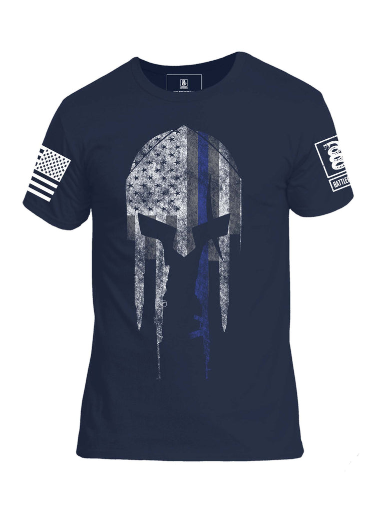 Battleraddle Spartan Helmet Warriors Bleed Blue White Sleeve Print Mens Cotton Crew Neck T Shirt