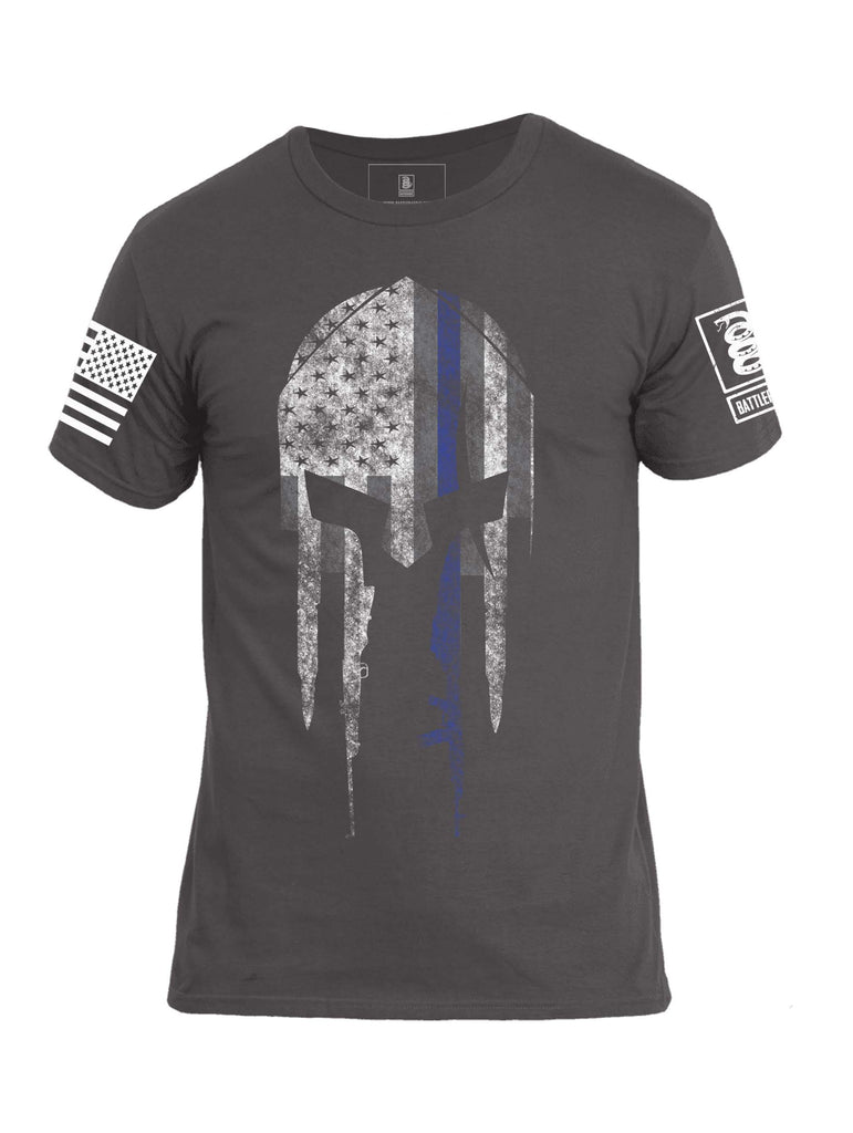 Battleraddle Spartan Helmet Warriors Bleed Blue White Sleeve Print Mens Cotton Crew Neck T Shirt